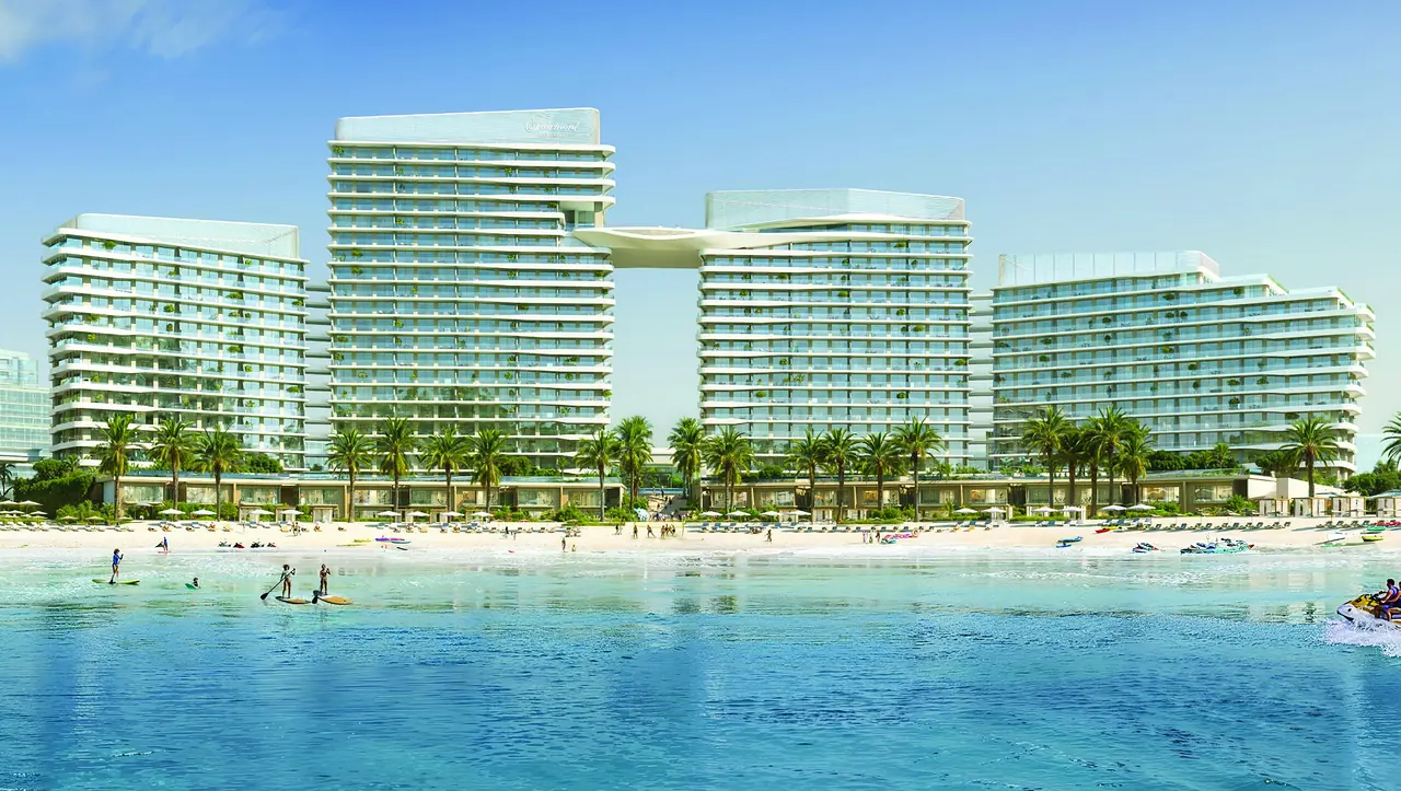 Fairmont Residences Al Marjan Island seen from the sea, with its private beach in Ras Al Khaimah