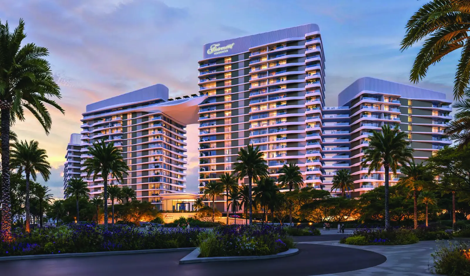 Fairmont Residences Al Marjan Island at dusk