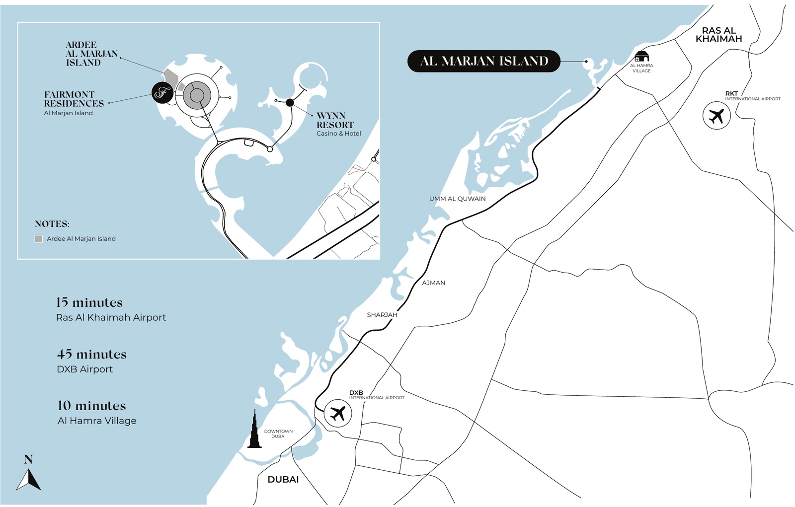 Location map: Fairmont Residences on Al Marjan Island, Ras Al Khaimah, with Wynn resort, RAK airport, DXB airport and Dubai
